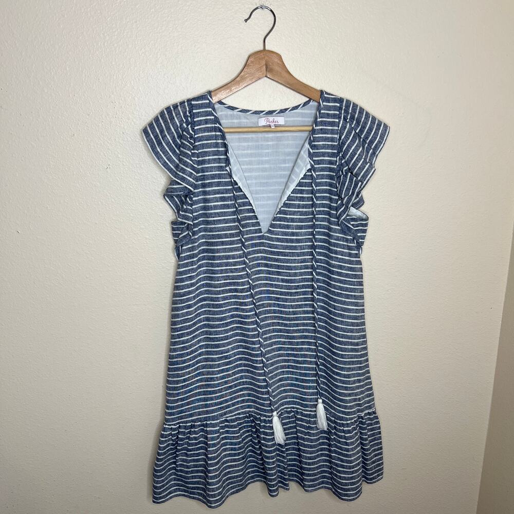 Parker Blue White Stripe Ruffle Sleeve Shift Dress XS